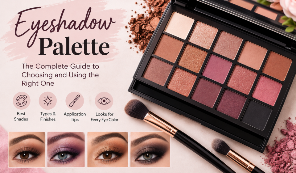 Eyeshadow palette with neutral and colorful makeup shades