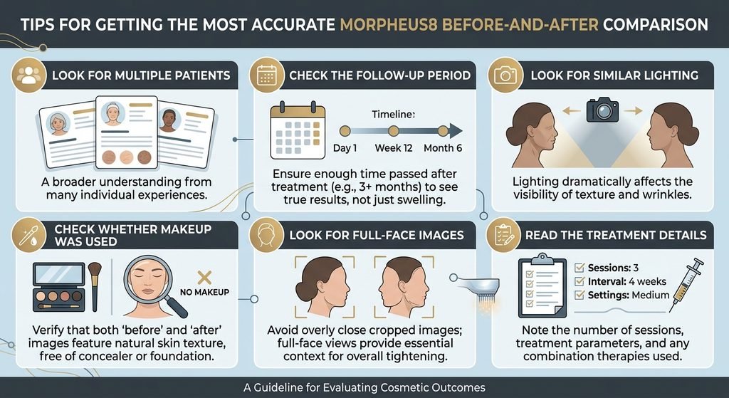 Guide on how to accurately evaluate Morpheus8 before and after photo results and patient comparisons.