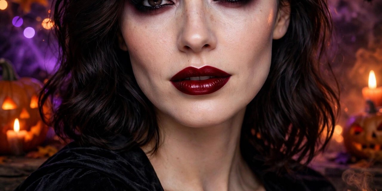 Easy vampire Halloween makeup with smoky eyes and deep red lips