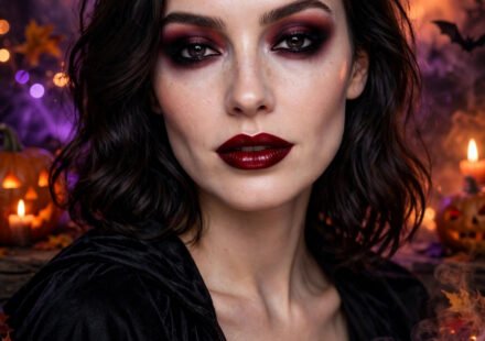 Easy vampire Halloween makeup with smoky eyes and deep red lips