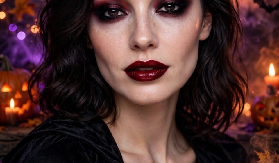 Easy vampire Halloween makeup with smoky eyes and deep red lips