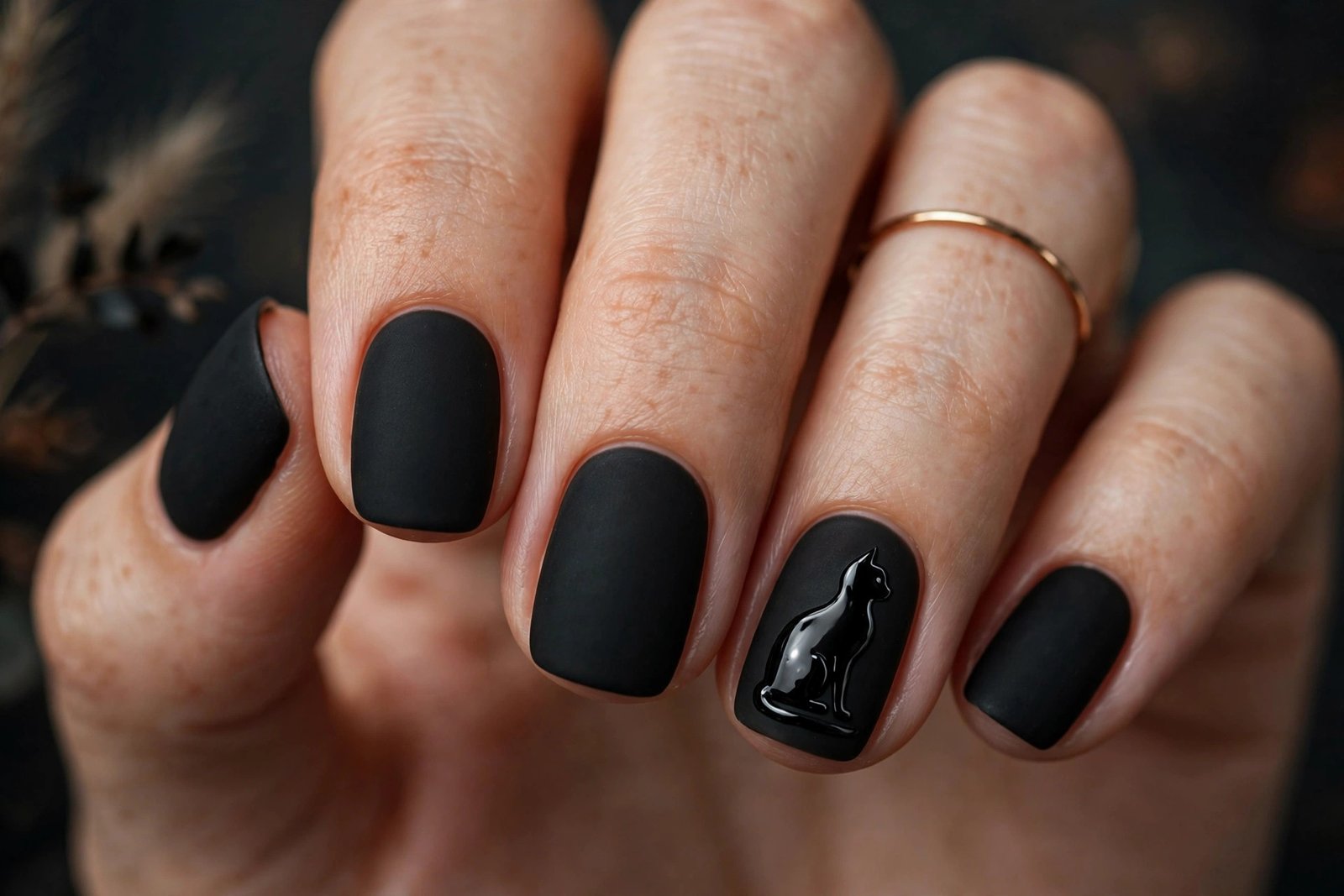 black cat silhouette halloween nails