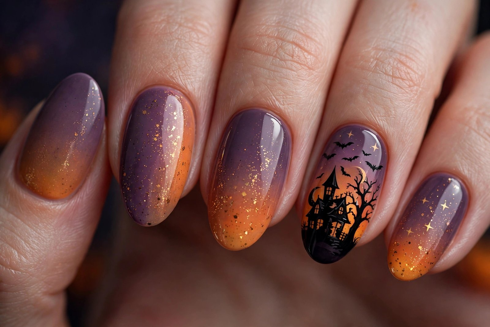 haunted house silhouette halloween nails