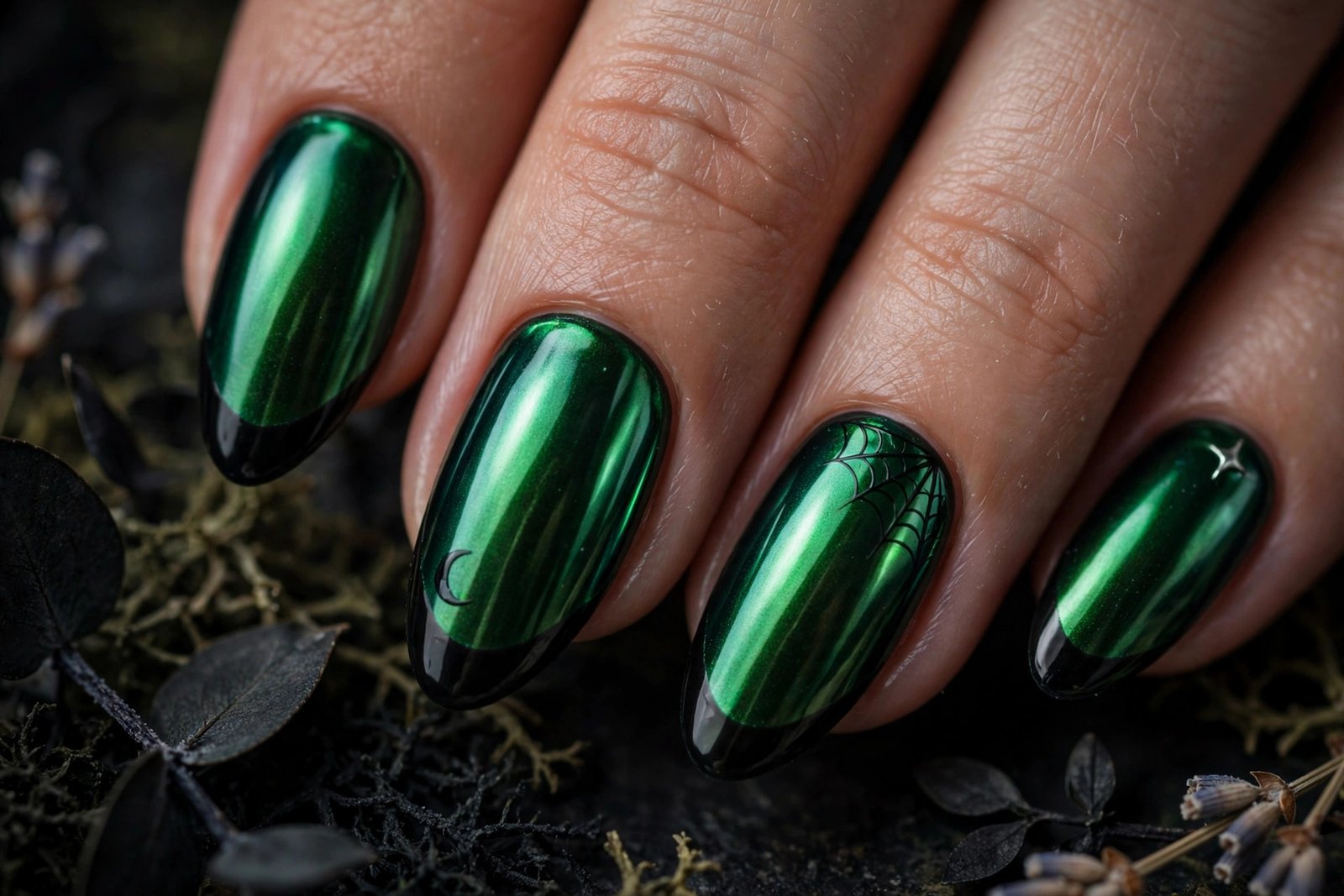 witchy green chrome halloween nails