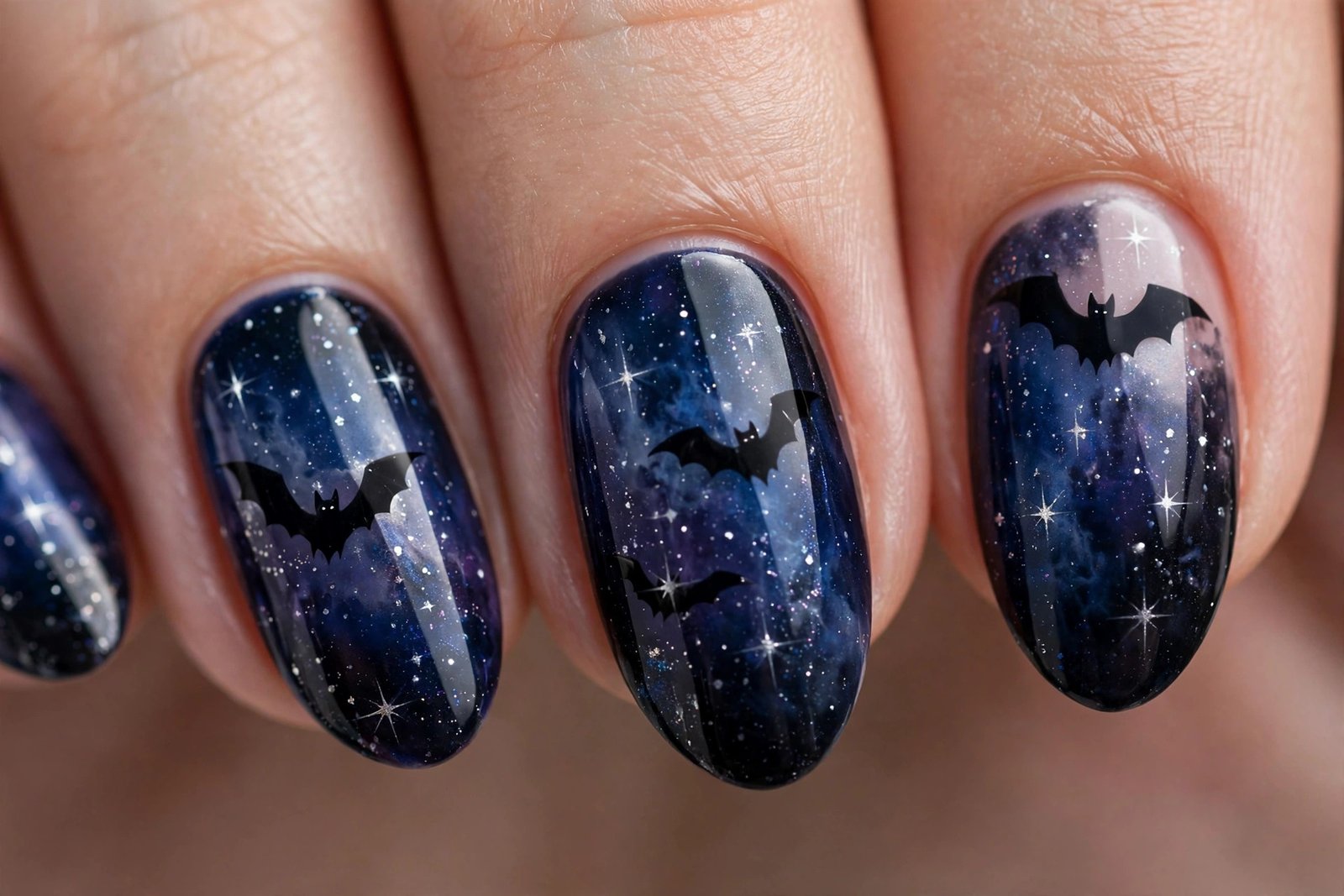 midnight galaxy bats halloween nails